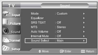 TV Input Picture Sound Channel Setup Mode : Custom Equalizer SRS TSXT : Off MTS : Stereo Auto Volume : Off Internal Mute : Off Sound Select : Main