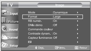 TV Input Picture Sound Channel Setup Mode : Dynamique Format : Large RB numér. : On DNle démo : Off Commande couleur Contraste dynam. : On Capteur luminance: Off ISI Dépl. Intro. Retour