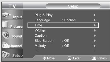 T V Setup Input Picture Sound Channel Setup Plug & Play Language : English Time V-Chip Caption Blue Screen : Off Melody : Off PC Move Enter Return