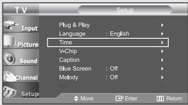 T V Setup Input Picture Sound Channel Setup Plug & Play Language : English Time V-Chip Caption Blue Screen : Off Melody : Off PC Move Enter Return
