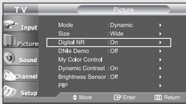 TV Picture Input Mode : Dynamic Size : Wide Digital NR : On DNiE Demo : Off My Color Control Dynamic Contrast : On Brightness Sensor : Off PIP Move Enter Return