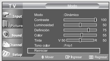 TV Input Picture Sound Channel Setup Modeo : Dinámico Contraste 100 Luminosidad 50 Definición 75 Color 55 Tinte V 50 R 50 Tono color : Frio1 Reiniciar Mover Ingresar Regresar