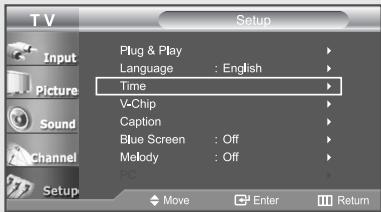 T V Input Picture Sound Channel Setup Setup Plug & Play Language : English Time V-Chip Caption Blue Screen : Off Melody : Off PC Move Enter Return