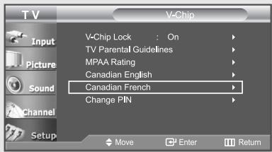 TV Input Picture Sound Channel Setup V-Chip V-Chip Lock ; On TV Parental Guidelines MPAA Rating Canadian English Canadian French Change PIN Move Enter Return