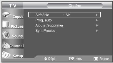 T V Input Picture Sound Channel Setup Air/cable : Air Prog. auto Ajouter/supprimer Syn. Précise Dépl. Intro. Retour