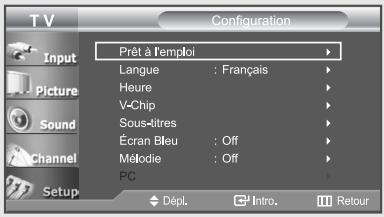 Configuration Pret à l'emploi Langue : Français Heure V-Chip Sous-titres Écran Bleu : Off Mélodie : Off PC Dépl. Intro. Retour