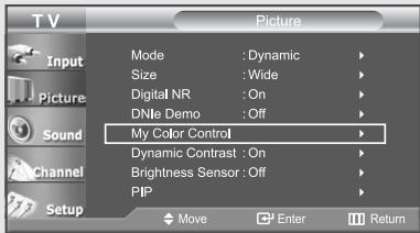TV Picture Input Mode : Dynamic Size : Wide Digital NR : On DNMe Demo : Off My Color Control Dynamic Contrast : On Brightness Sensor : Off PIP Move Enter Return