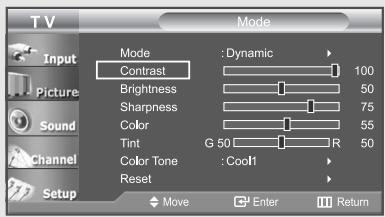 TV Input Picture Sound Channel Setup Mode Mode : Dynamic 100 Brightness 50 Sharpness 75 Color 55 Tint G 50 R 50 Color Tone : Cool1 Reset Move Enter Return
