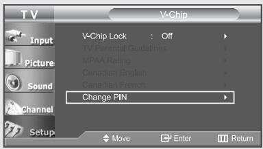 T V V-Chip Input Picture Sound Channel Setup V-Chip Lock : Off TV Parental Guidelines MPAA Rating Canadian English Canadian Erange Change PIN Move Enter Return
