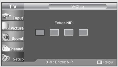 T V V-Chip Input Picture Sound Channel Setup Entrez NIP 0~9 : Entrez NIP Retour