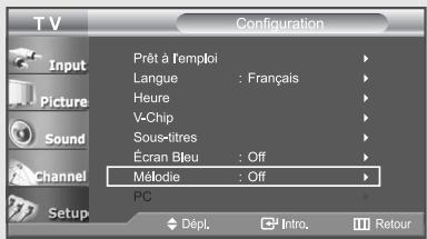 T V Configuration Input Picture Sound Channel Setup Prêt à l'emploi Langue : Français Heure V-Chip Sous-litres Écran Bleu : Off Méloïde : Off PC Dépl Intro Retour
