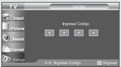 TV V-Chip Input Picture Sound Channel Setup Ingresar Código * * * * 0-9 : Ingresar Código Regresar
