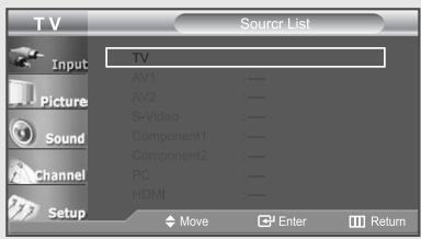 TV Input Picture Sound Channel Setup Sourcr List TV AV1 AV2 S-Video Component1 Component2 PC HDMI Move Enter Return