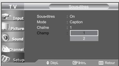 TV Input Picture Sound Channel Setup Sous-titres : On Mode : Caption Chaîne : 1 Champ : 1 2 Dépl. Intro. Retour