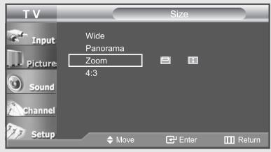 TV Size Input Wide Panorama Picture Zoom 4:3 Sound Channel Setup Move Enter Return