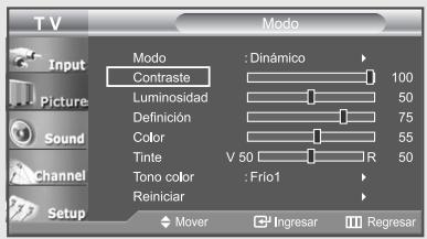 TV Input Picture Sound Channel Setup Mode Contraste Luminosidad Definición Color Tinte Tono color Reiniciar Mover Dinámico 100 50 75 55 R 50 Frio1 Ingresar Regresar