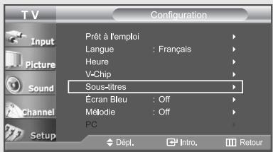 T V Configuration Input Picture Sound Channel Setup Prêt à l'emploi Langue : Français Heure V-Chip Sous-titres Écran Bleu : Off Métodie : Off PC Dépl. Intro Retour