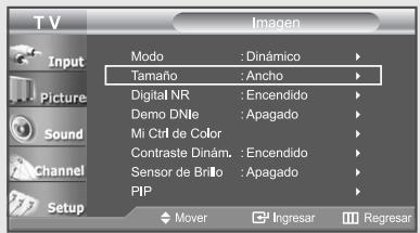 TV Input Picture Sound Channel Setup Modo : Dinámico Tamaño : Ancho Digital NR : Encendido Demo DNte : Apagado Mi Ctrl de Color Contraste Dinám. : Encendido Sensor de Brillo : Apagado PIP Mover Ingresar Regresar