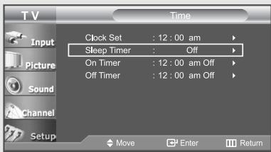 T V Input Picture Sound Channel Setup Time Clock Set : 12 : 00 am Sleep Timer : Off On Timer : 12 : 00 am Off Off Timer : 12 : 00 am Off Move Enter Return