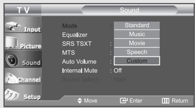 TV Input Picture Sound Channel Setup Mode : Standard Equalizer : Music SRS TSXT : Movie MTS : Speech Auto Volume : Custom Internal Mute : Off Sound Select : Main Move Enter Return