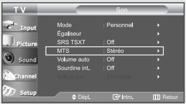 TV Input Picture Sound Channel Setup Mode : Personnel Égaliseur SRS TSXT : Off MTS : Stéréo Volume auto : Off Sourdine int. : Off Select son : Principale Dépl. Intro Retour