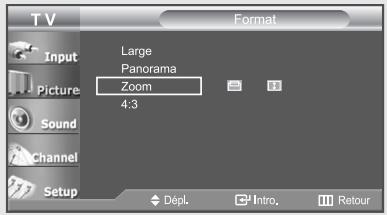 TV Input Picture Sound Channel Setup Format Large Panorama Zoom 4:3 Dépl. Intro. Retour