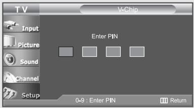 TV V-Chip Input Picture Sound Channel Setup Enter PIN 0-9 : Enter PIN Return