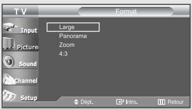 T V Input Picture Sound Channel Setup Format Large Panorama Zoom 4:3 Dépl. Intro. Retour