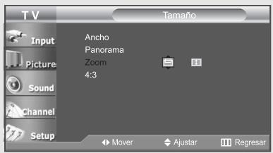 TV Input Picture Sound Channel Setup Ancho Panorama Zoom 4:3 Tamaño Mover Ajustar Regresar