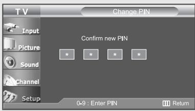 T V Change PIN Input Picture Sound Channel Setup Confirm new PIN * * * * 0-9 : Enter PIN Return