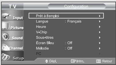 T V Configuration Input Picture Sound Channel Setup Prêt à l'emploi Langue : Français Heure V-Chip Sous-ditres Écran Bleu : Off Mélodie : Off PC Dépl. Intro. Retour