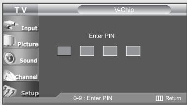 TV V-Chip Input Picture Sound Channel Setup Enter PIN 0-9 : Enter PIN Return
