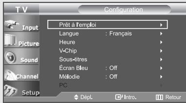 Configuration Prêt à l'emploi Langue : Français Heure V-Chip Sous-litres Ecran Bleu : Off Mélodie : Off PC Dépl. Intro. Retour