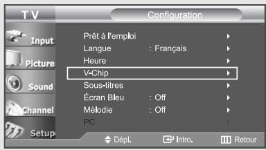 TV Configuration Input Picture Sound Channel Setup Prêt à l'emploi Langue : Français Heure V-Chip Sous-titres Écran Bleu : Off Mélodie : Off PC Dépl. Intro. Retour