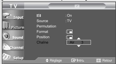 TV Input Picture Sound Channel Setup ISI ISI : On Source : TV Permutation Format : Position : Chaine : Air 3 Réglage Intra Retour