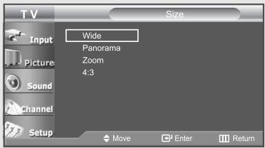 TV Size Input Wide Panorama Zoom 4:3 Picture Sound Channel Setup Move Enter Return