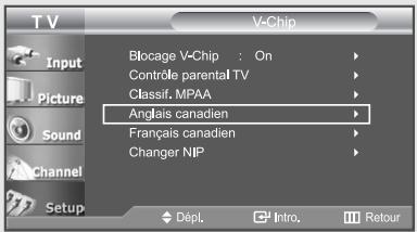 T V Input Picture Sound Channel Setup V-Chip Blocage V-Chip : On Contrôle parental TV Classif. MPAA Anglais canadien Français canadien Changer NIP Dépl Intro Retour