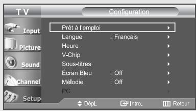 T V Configuration Input Picture Sound Channel Setup Prêt à l'emploi Langue : Français Heure V-Chip Sous-titres Écran Bleu : Off Mélodie : Off PC Dépl. Intro. Retour