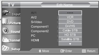 TV Edit Name Input Picture Sound Channel Setup AV1 AV2 S-Video Component1 Component2 PC HDMI ----. VCR DVD D-VHS Cable STB HD STB Satellite STB Move Enter Return