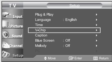 T V Setup Plug & Play Language : English Time V-Chip Caption Blue Screen : Off Melody : Off PC Move Enter Return