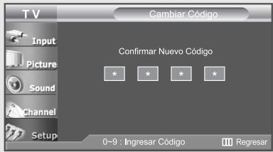T V Cambiar Código Input Picture Sound Channel Setup Confirmar Nuevo Código * * * * 0~9 : Ingresar Código Regresar