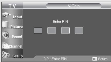 TV V-Chip Input Picture Sound Channel Setup Enter PIN 0-9 : Enter PIN Return