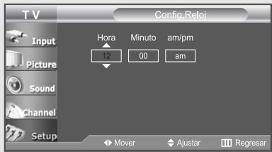 T V Config.Reloi Input Picture Sound Channel Setup Hora 12 00 am Mover Ajustar Regresar