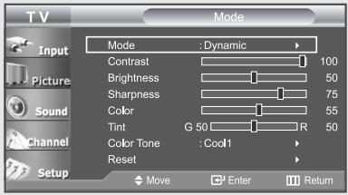 TV Input Picture Sound Channel Setup Mode Mode : Dynamic Contrast 100 Brightness 50 Sharpness 75 Color 55 Tint G 50 R 50 Color Tone : Cool1 Reset Move Enter Return