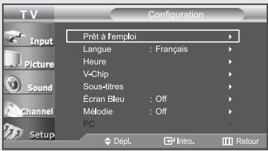Configuration Pret à l'emploi Langue : Français Heure V-Chip Sous-àtres Écran Bleu : Off Mélodie : Off PC Dépl. Intro. Retour