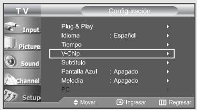 T V Configuración Plug & Play Idioma : Español Tiempo V-Chip Subtítulo Pantalla Azul : Apagado Melodia : Apagado PC Mover Ingresar Regresar