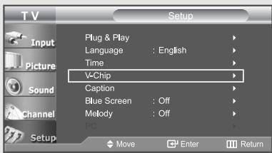 T V Setup Plug & Play Language : English Time V-Chip Caption Blue Screen : Off Melody : Off PC Move Enter Return