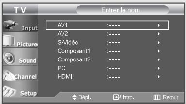 TV Enter le nom Input Picture Sound Channel Setup AV1 :---- AV2 :---- S-Viséo :---- Composant1 :---- Composant2 :---- PC :---- HDMI :---- Dépl. Intro. Retour