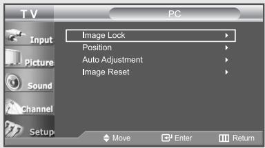T V PC Input Picture Sound Channel Setup Image Lock Position Auto Adjustment Image Reset Move Enter Return