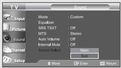 TV Sound Input Mode : Custom Equalizer SRS TSXT : Off MTS : Stereo Auto Volume : Off Internal Mute : Off Sound Select : Main Sub Move Enter Return